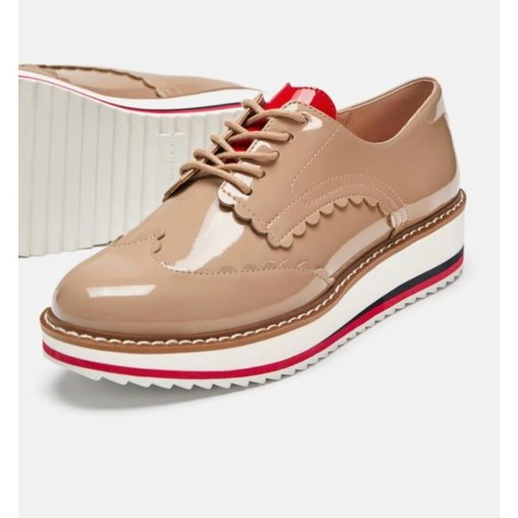 NWT ZARA Nude Faux PAtent Leather Heart Valentine Motif Oxford Platform Shoes 36 - Picture 3 of 11